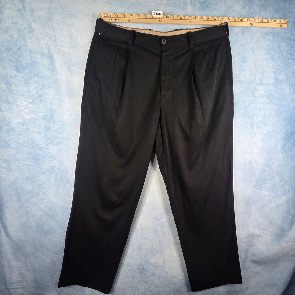 Tommy Bahama Mens Black Silk Blend Pleated Herringbone Dress Pants 36x32